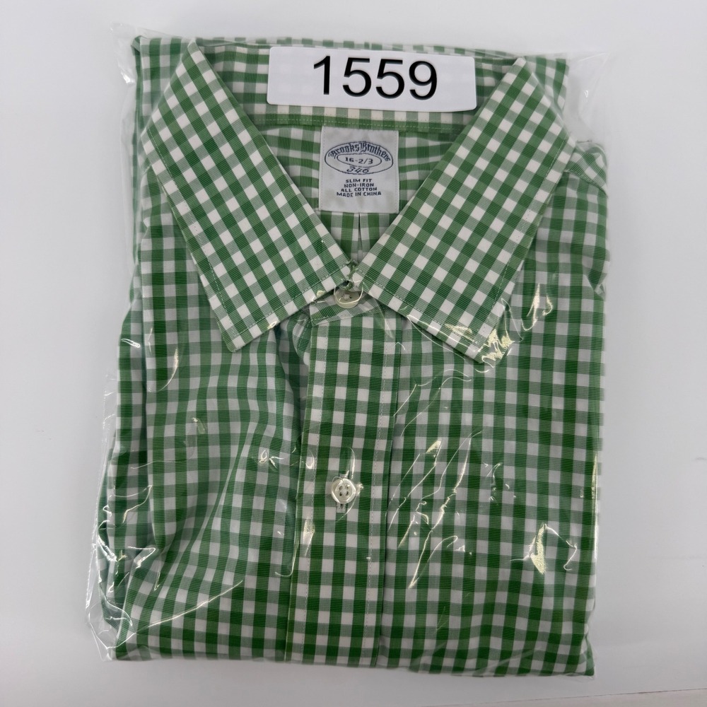 Brooks Brothers 346 Mens 16-2/3 Slim Fit Non-Iron Gingham Shirt Green White Prep - Picture 13 of 13